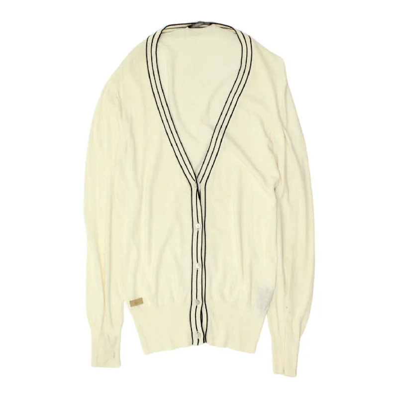Lacoste Womens Off White Button Up Deep V Lightweight Cardigan | Designer VTG Real Fur Shearling Chenille
