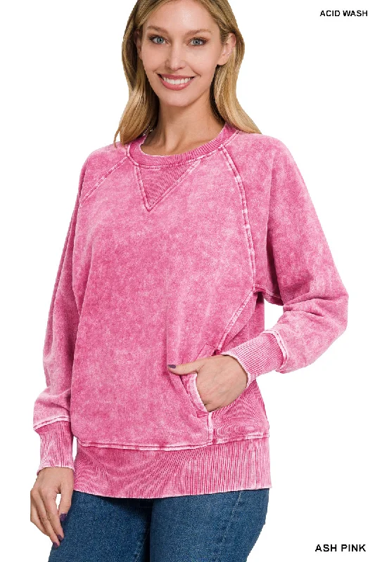 Ash Pink Acid Washed French Terry Pullover Batwing Sleeve Top