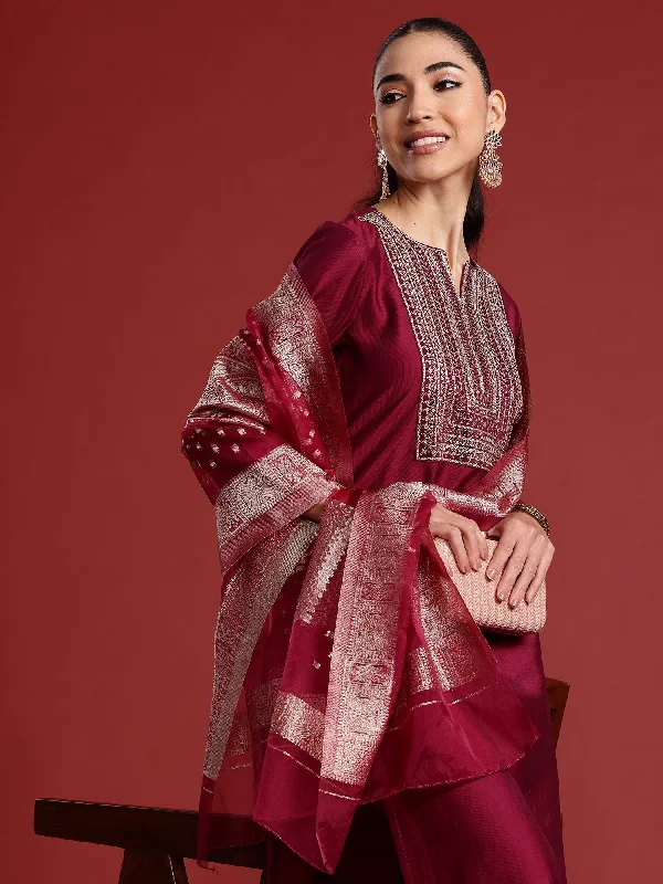 Women Burgundy Embroidered Straight Kurta Trousers With Dupatta Set - Taantav Trousers Satin Smooth Women Burgundy Embroidered Straight Kurta Trousers With Dupatta Set - Taantav Trousers Satin Smooth