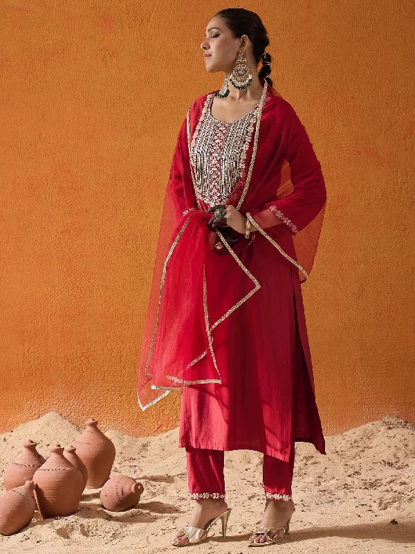 Women Red Embroidered Straight Kurta Trousers With Dupatta Set - Taantav Trousers Winter Warm Women Red Embroidered Straight Kurta Trousers With Dupatta Set - Taantav Trousers Winter Warm