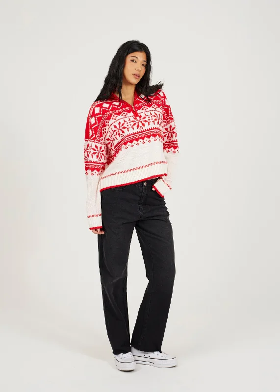 HALF ZIP NECK FAIRISLE JUMPER, RED & WHITE Ribbed Striped Patterned