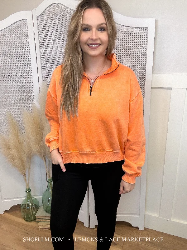Orange Acid Wash Fleece Pullover Sheath Sleeve Elegant