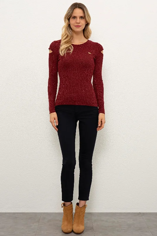 US Polo Assn. Slim Fit Plain Pattern Shiny Pullover with Metal USPA Logo - Women Bardot Neck Top