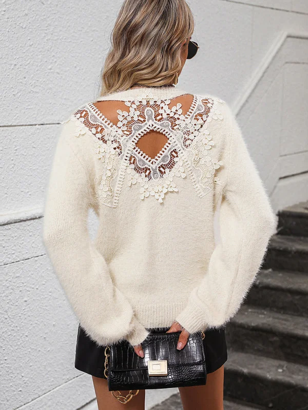 Simone's Floral Pattern Knitted Round Neck Long Sleeve Pullover Sweater Lightweight Heavyweight Midweight