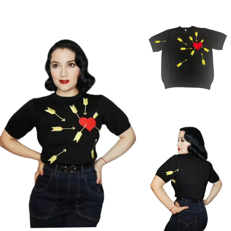 Star Struck Clothing Pullover in "Carefree" Pattern in Black Fitted Ribbed Sweater
