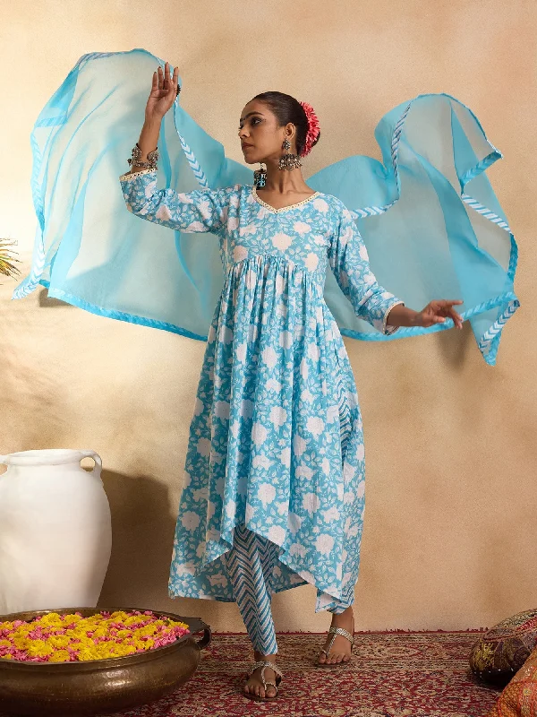 Women Blue Printed A-Line Kurta Trousers With Dupatta Set - Taantav Chinos Cotton Straight Leg Women Blue Printed A-Line Kurta Trousers With Dupatta Set - Taantav Chinos Cotton Straight Leg