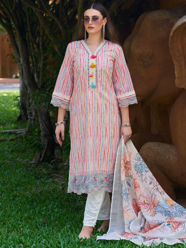Women Multi Striped Straight Kurta Trousers With Dupatta Set - Taantav Chinos Cotton Straight Leg Women Multi Striped Straight Kurta Trousers With Dupatta Set - Taantav Chinos Cotton Straight Leg
