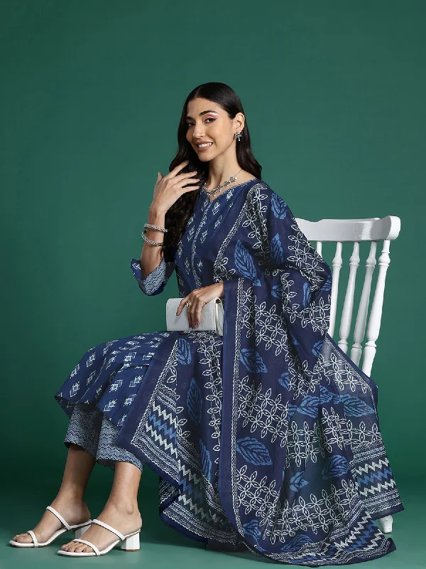 Women Blue Printed Straight Kurta Trousers With Dupatta Set - Taantav Trousers chic fashionable Women Blue Printed Straight Kurta Trousers With Dupatta Set - Taantav Trousers chic fashionable