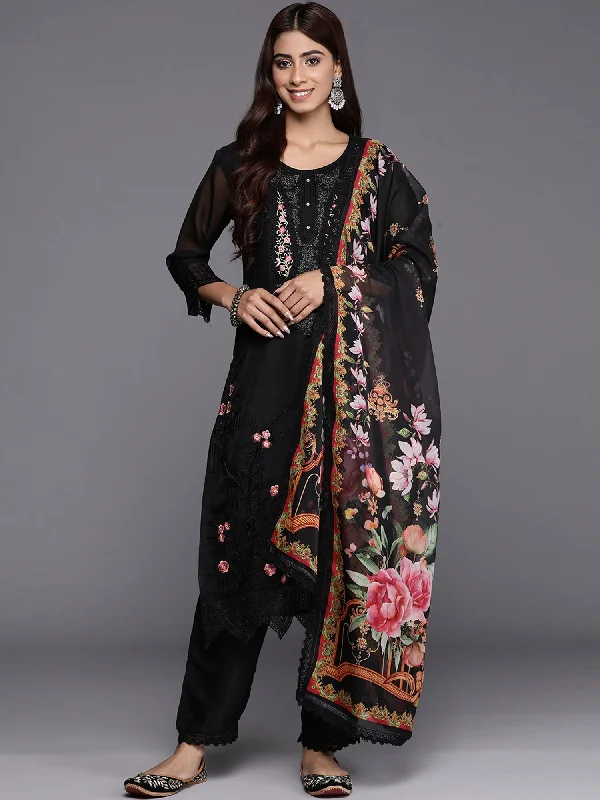 Women Black Embroidered Straight Kurta Trousers With Dupatta Set - Taantav Trousers practical easy-care Women Black Embroidered Straight Kurta Trousers With Dupatta Set - Taantav Trousers practical easy-care