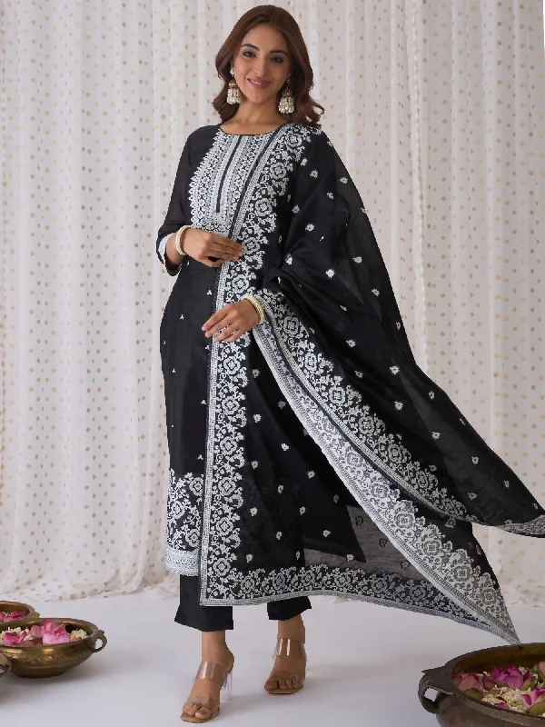 Women Black Woven Design Straight Kurta Trousers With Dupatta Set - Taantav Trousers Silk Elegant Women Black Woven Design Straight Kurta Trousers With Dupatta Set - Taantav Trousers Silk Elegant