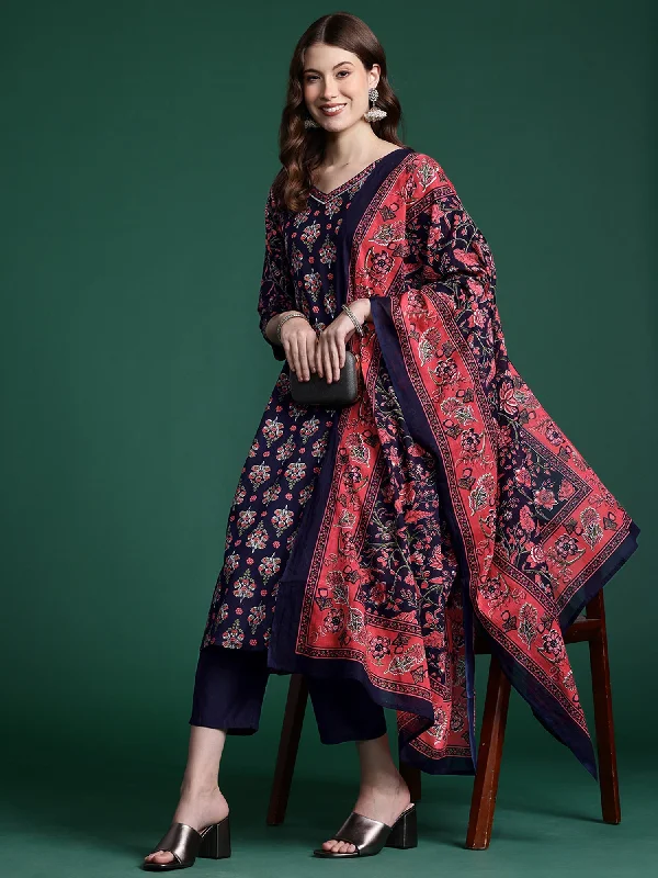 Women Navy Blue Printed A-Line Kurta Trousers With Dupatta Set - Taantav Trousers Brand Named