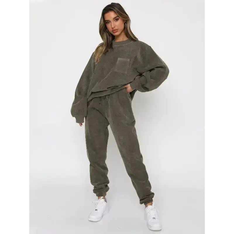 Women’s new corduroy solid color round neck pullover long sleeve pants Besom Neck Pullover