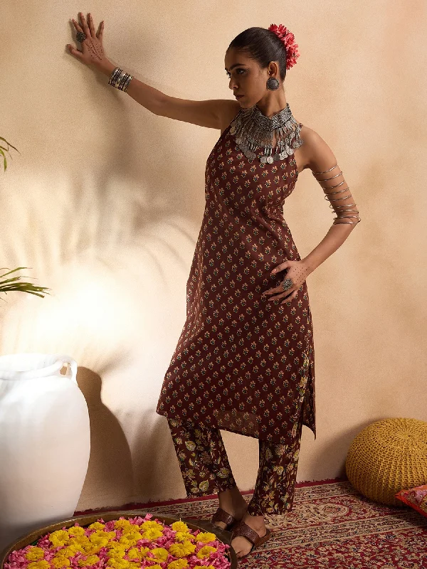 Women Brown Printed Straight Kurta Trousers Set - Taantav Trousers Bestseller Popular Women Brown Printed Straight Kurta Trousers Set - Taantav Trousers Bestseller Popular