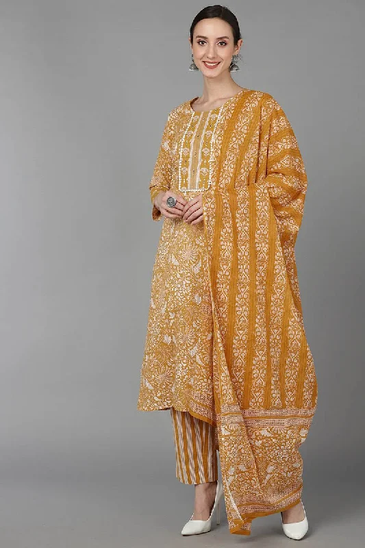 Ahika Mustard Pure Cotton Printed Kurta Trousers With Dupatta Trousers stylish elegant Ahika Mustard Pure Cotton Printed Kurta Trousers With Dupatta Trousers stylish elegant