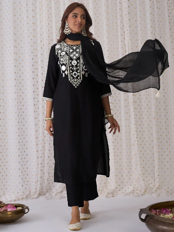 Women Black Embroidered Straight Kurta Trousers With Dupatta Set - Taantav Trousers stylish modern Women Black Embroidered Straight Kurta Trousers With Dupatta Set - Taantav Trousers stylish modern