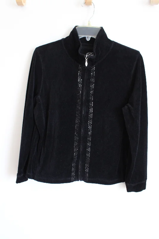 Onque Petite Black Bedazzled Velvet Zip-Up Jacket | L Petite Jacket Blazer Coat