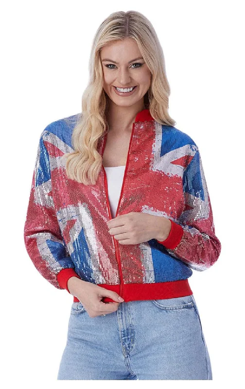 Womens Union Jack Sequin Bomber Jacket Wool Jacket Cashmere Jacket Tweed Jacket