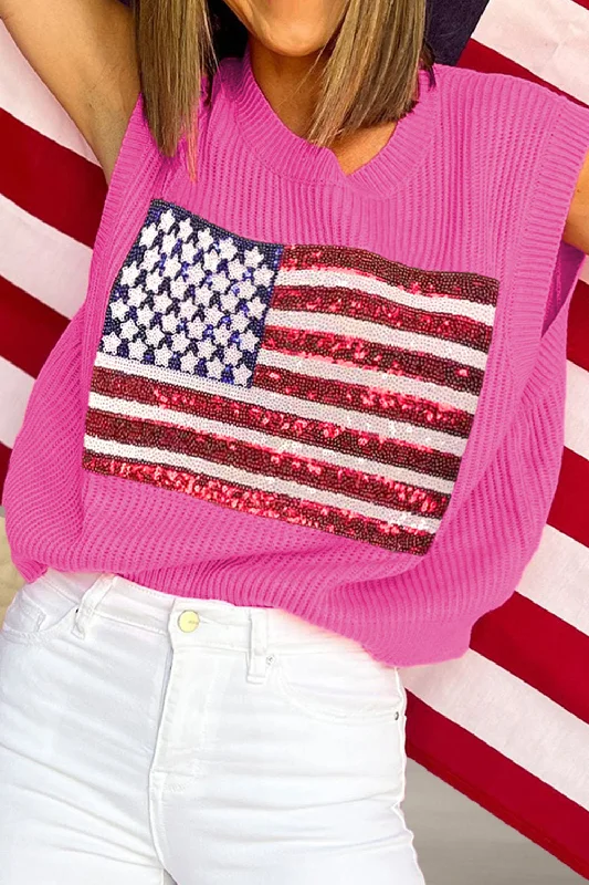 Hazel Blues® | Sequin US Flag Round Neck Sweater Vest Zippered Front Buttoned Front Snap Front Hazel Blues® | Sequin US Flag Round Neck Sweater Vest Zippered Front Buttoned Front Snap Front