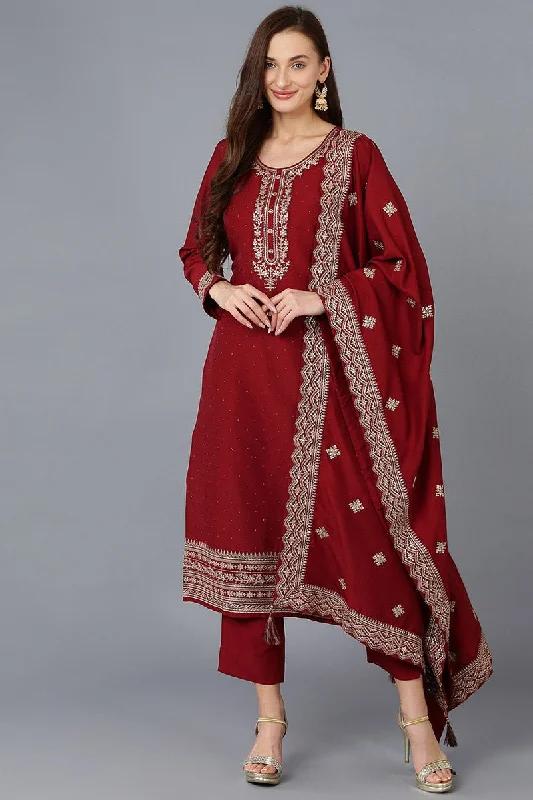 Ahika Maroon Silk Blend Solid Straight Kurta Trousers With Dupatta Cropped Trousers Casual Linen Ahika Maroon Silk Blend Solid Straight Kurta Trousers With Dupatta Cropped Trousers Casual Linen