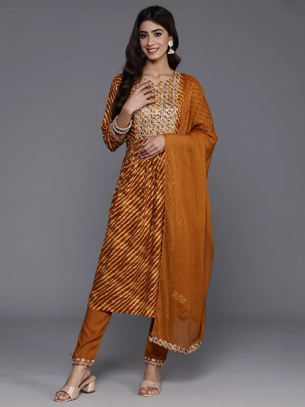 Women Mustard Embroidered A-Line Kurta Trousers With Dupatta Set - Taantav Trousers cozy soft Women Mustard Embroidered A-Line Kurta Trousers With Dupatta Set - Taantav Trousers cozy soft