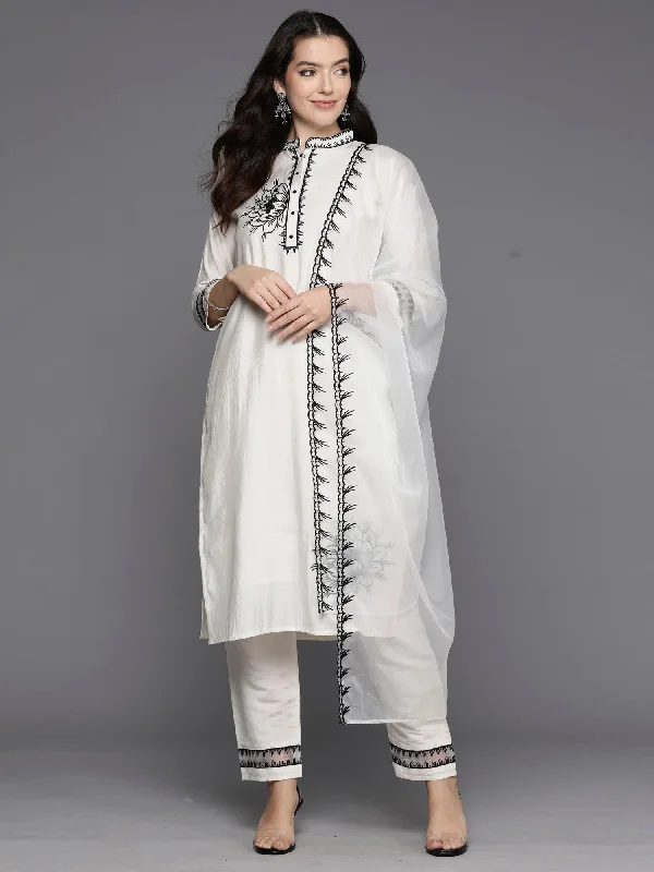 Women Cream Embroidered Straight Kurta Trousers With Dupatta Set - Taantav Trousers cozy soft Women Cream Embroidered Straight Kurta Trousers With Dupatta Set - Taantav Trousers cozy soft