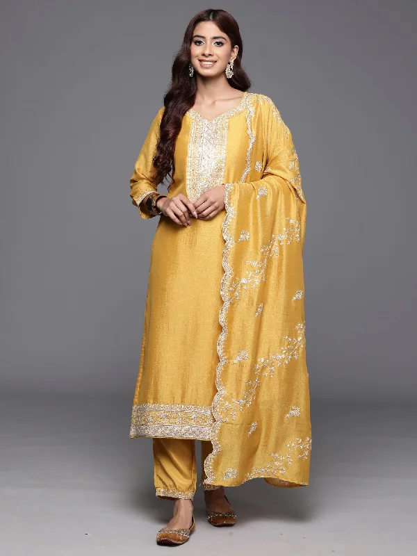 Women Yellow Embroidered Straight Kurta Trousers With Dupatta Set - Taantav High Waist Slim Fit Ankle Length Women Yellow Embroidered Straight Kurta Trousers With Dupatta Set - Taantav High Waist Slim Fit Ankle Length