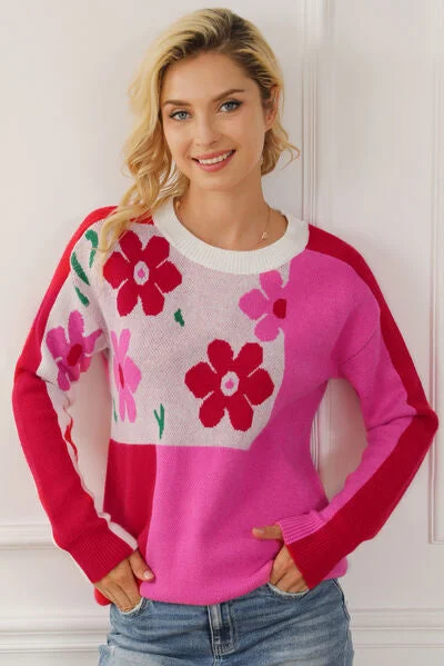 Blue Zone Planet | Floral Round Neck Dropped Shoulder Sweater Ribbed Striped Patterned Blue Zone Planet | Floral Round Neck Dropped Shoulder Sweater Ribbed Striped Patterned
