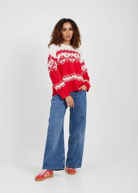 JAQUARD KNIT SNOWFLAKE CHRISTMAS JUMPER, RED & WHITE Long Sweater Short Sweater Cropped Sweater JAQUARD KNIT SNOWFLAKE CHRISTMAS JUMPER, RED & WHITE Long Sweater Short Sweater Cropped Sweater