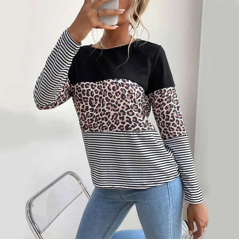 IKEARLAX Popular trade popular autumn 2025 contrasting color pullover top round neck street leopard print splicing bottoming T-shirt women Oblong Neck Pullover IKEARLAX Popular trade popular autumn 2025 contrasting color pullover top round neck street leopard print splicing bottoming T-shirt women Oblong Neck Pullover