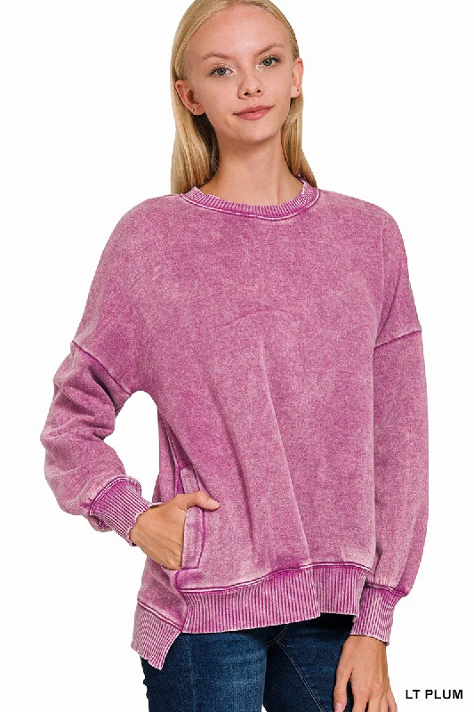 Plum Acid Wash Hi-Low Fleece Pullover Over Sleeve Pullover