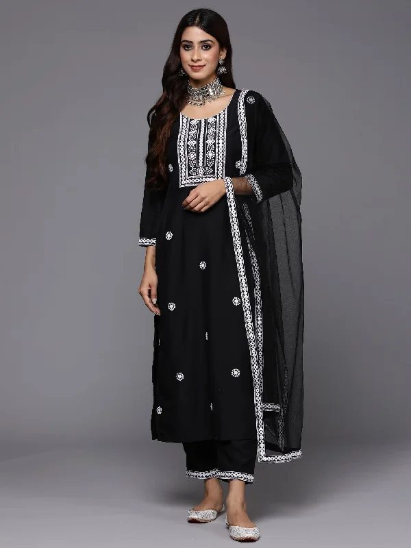 Women Black Embroidered Straight Kurta Trousers With Dupatta Set - Taantav Trousers chic elegant Women Black Embroidered Straight Kurta Trousers With Dupatta Set - Taantav Trousers chic elegant