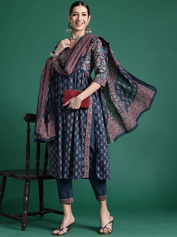 Women Blue Printed A-Line Kurta Trousers With Dupatta Set - Taantav Cropped Trousers Casual Linen Women Blue Printed A-Line Kurta Trousers With Dupatta Set - Taantav Cropped Trousers Casual Linen