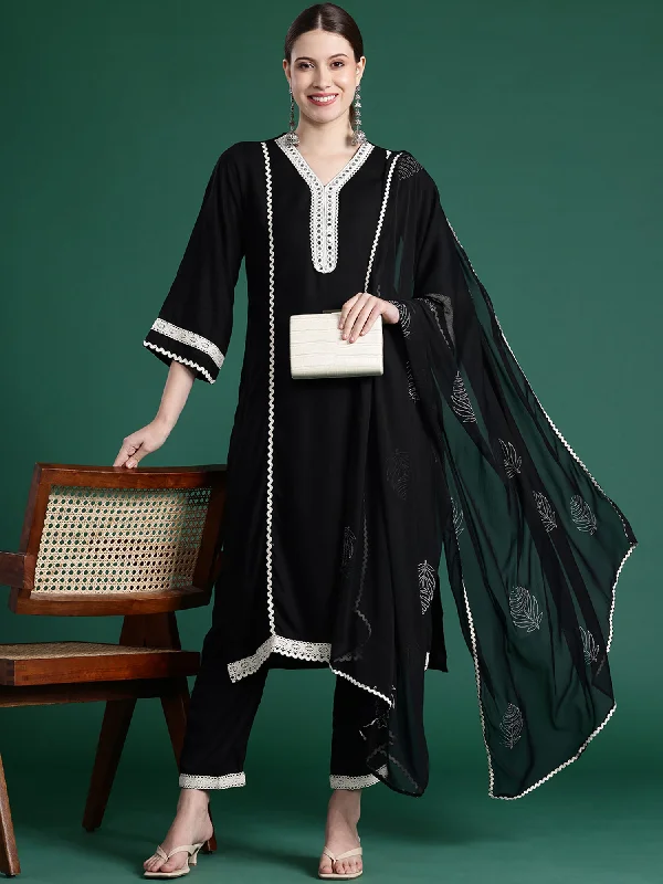 Women Black Embroidered Straight Kurta Trousers With Dupatta Set - Taantav Trousers practical durable Women Black Embroidered Straight Kurta Trousers With Dupatta Set - Taantav Trousers practical durable