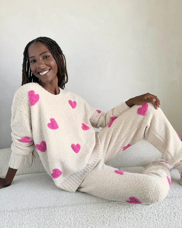 Pink Hearts Fuzzy Sweater PJ Set Nylon Fabric Polyester Fabric Spandex Fabric
