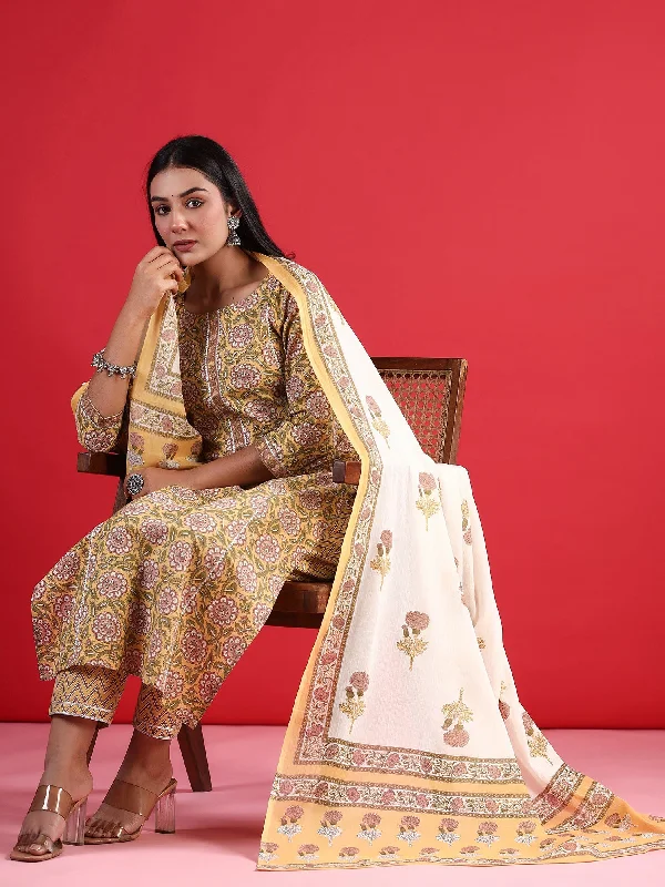Women Yellow Printed Straight Kurta Trousers With Dupatta Set - Taantav Trousers Denim Blue Women Yellow Printed Straight Kurta Trousers With Dupatta Set - Taantav Trousers Denim Blue