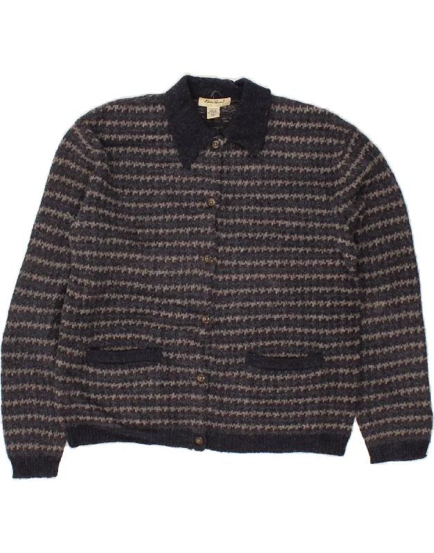 EDDIE BAUER Womens Cardigan Sweater UK 14 Medium Navy Blue Striped Wool Welt Pockets Slit Pockets Flap Pockets EDDIE BAUER Womens Cardigan Sweater UK 14 Medium Navy Blue Striped Wool Welt Pockets Slit Pockets Flap Pockets