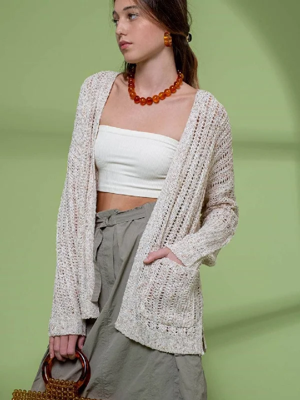 Split Hem Crochet Knit Cardigan Houndstooth Herringbone Solid