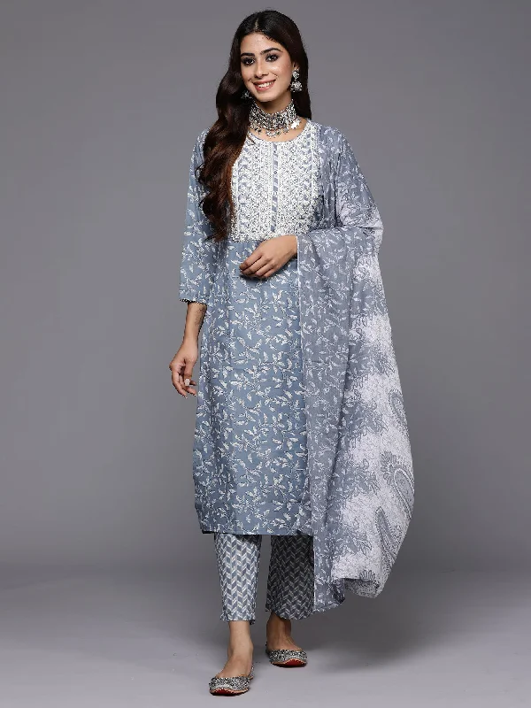 Women Grey Embroidered Straight Kurta Trousers With Dupatta Set - Taantav Trousers sophisticated sleek Women Grey Embroidered Straight Kurta Trousers With Dupatta Set - Taantav Trousers sophisticated sleek