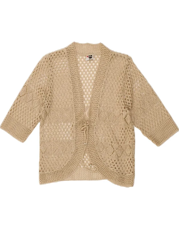 VINTAGE Womens Crochet Cardigan Top UK 14 Medium Beige Polyester Stylish Fashionable Trendy