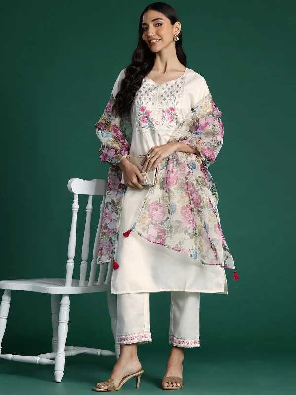 Women White Yoke Design Straight Kurta Trousers With Dupatta Set - Taantav Trousers cozy comfortable Women White Yoke Design Straight Kurta Trousers With Dupatta Set - Taantav Trousers cozy comfortable