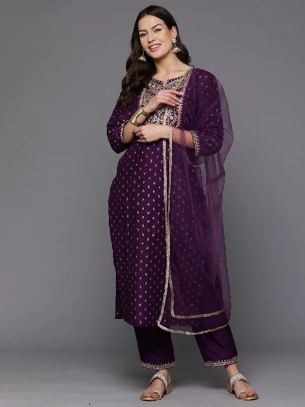 Women Purple Embroidered Straight Kurta Trousers With Dupatta Set - Taantav Trousers Print Floral Women Purple Embroidered Straight Kurta Trousers With Dupatta Set - Taantav Trousers Print Floral
