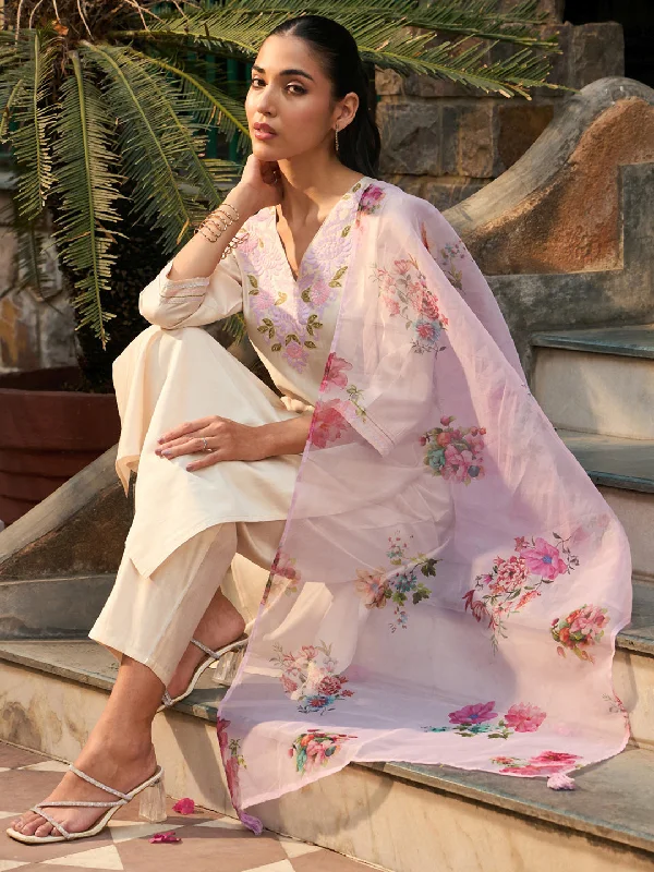 Women Off White Embroidered Straight Kurta Trousers With Dupatta Set - Taantav Trousers sophisticated sleek Women Off White Embroidered Straight Kurta Trousers With Dupatta Set - Taantav Trousers sophisticated sleek