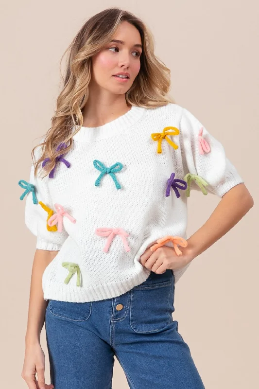 Hazel Blues® | BiBi Bow Detail Puff Sleeve Sweater Satin Blend Silk Blend Wool Blend Hazel Blues® | BiBi Bow Detail Puff Sleeve Sweater Satin Blend Silk Blend Wool Blend
