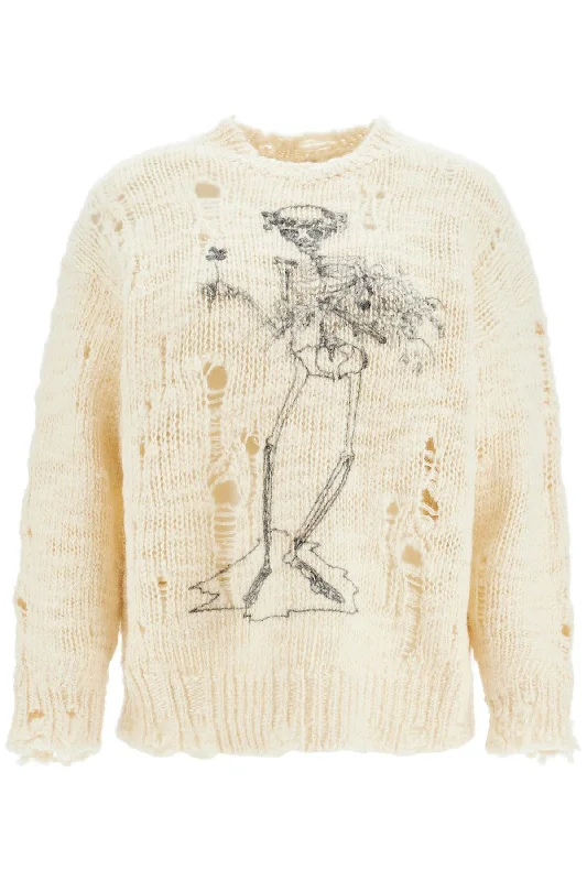 Destroyed Pullover With Skeleton Print.  - White Textured Knit Design