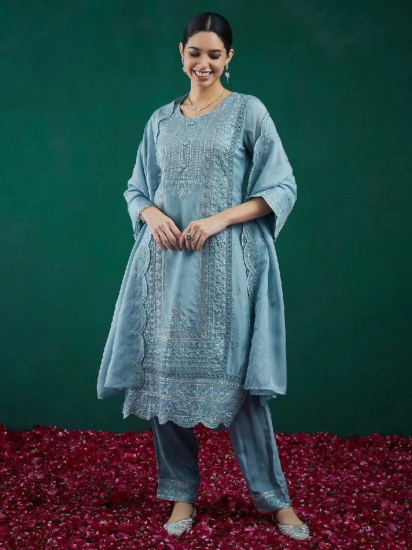 Women Blue Embroidered Straight Kurta Trousers With Dupatta Set - Taantav Trousers Capri Summer Women Blue Embroidered Straight Kurta Trousers With Dupatta Set - Taantav Trousers Capri Summer