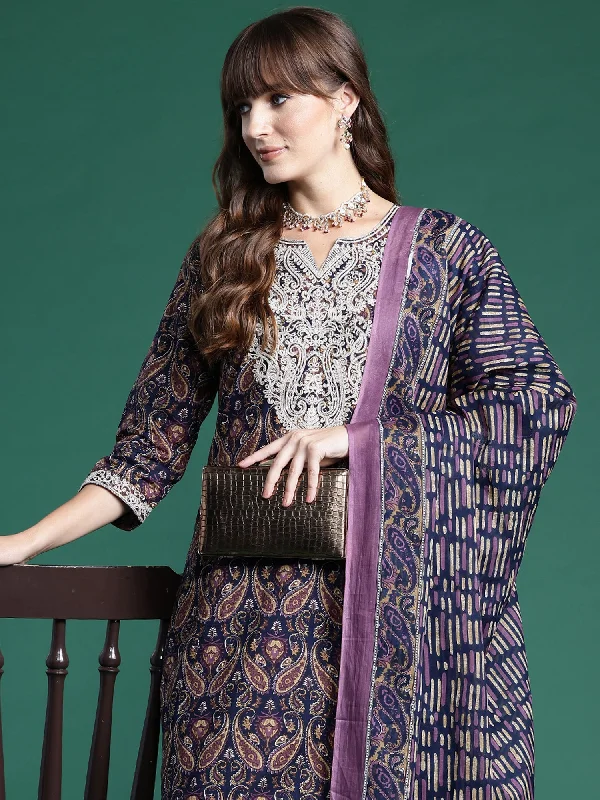 Women Navy Blue Printed Straight Kurta Trousers With Dupatta Set - Taantav Trousers Travel Practical Women Navy Blue Printed Straight Kurta Trousers With Dupatta Set - Taantav Trousers Travel Practical
