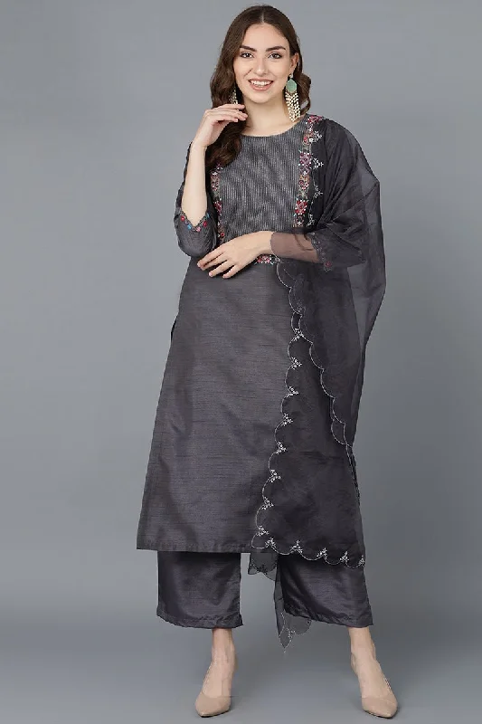 Ahika Women Charcoal Poly Silk Embroidered Kurta Trousers With Dupatta Trousers Mesh Breathable Ahika Women Charcoal Poly Silk Embroidered Kurta Trousers With Dupatta Trousers Mesh Breathable