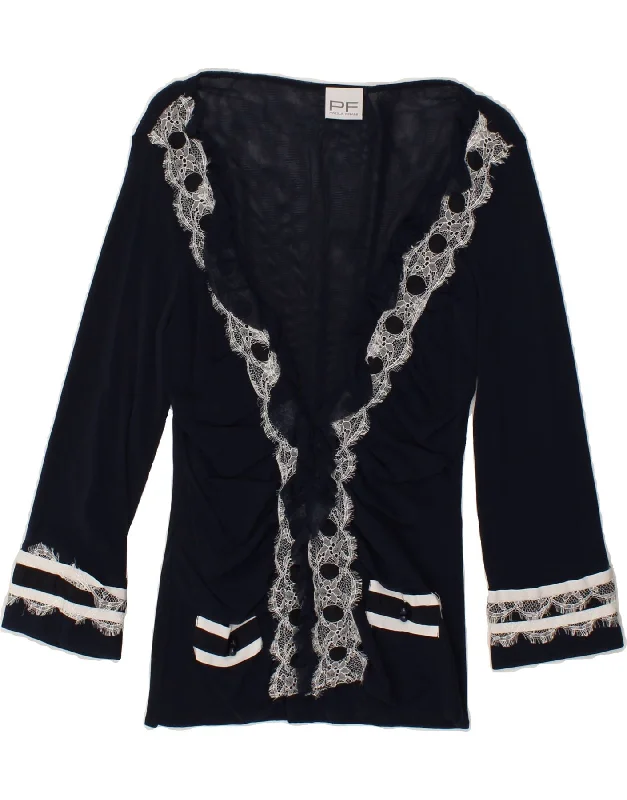 PAOLA FRANI Womens See Through Cardigan Top UK 14 Medium Navy Blue Floral Mesh Fabric Canvas Fabric Denim Fabric