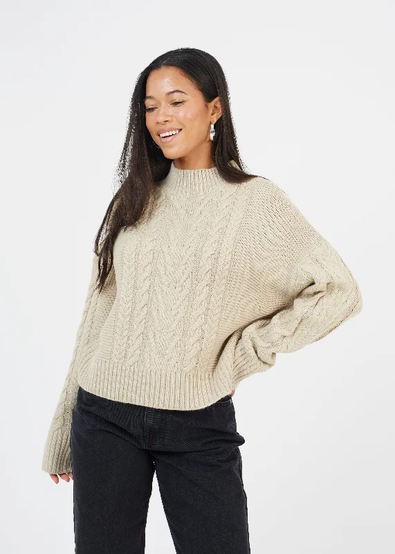 TURTLE NECK FISHERMAN KNIT DETAIL JUMPER, STONE Cable Knit Ribbed Knit Lace Knit