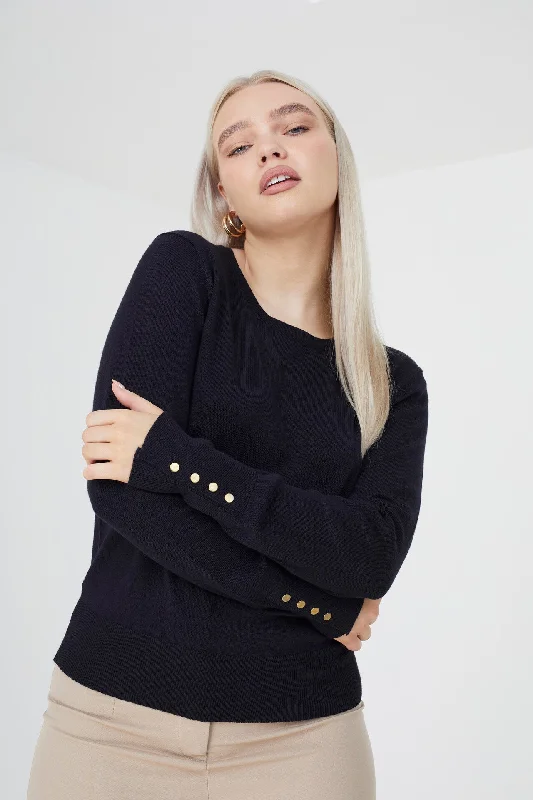 BLACK POPPER SLEEVE CREW NECK KNITTED JUMPER Stylish Fashionable Trendy